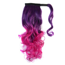 Colorful Ombre 2 Tone Cosplay Ponytail Hair Extension Body Wavy One Piece Clip in Warp Around Pony Tail (Red and Purple, 40cm)