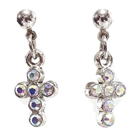 Tiny Cross – Clear AB Crystal Rhinestones - (13x8mm) - Hypo-allergenic 4mm Silver Plated Post - Dangle Charm Earrings