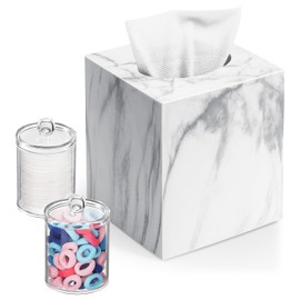 Tissue Box Cover, Square Facial Acrylic Tissue Holder with 2 Pack Clear Qtip Holder Dispenser, Bathroom Vanity Dresser Night Stand Essentials Accessories Decor, Modern Farmhouse Decor, Marble