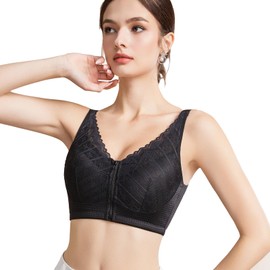 Polreta Front Closure Mastectomy Bra - Zip Post-Surgery Bra with Pockets for Breast Prosthesis - Lace Design Surgical Everyday Bra for Women Black