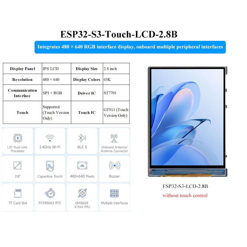 ESP32-S3 2.8inch Display Development Board, 480×640, IPS LCD, 32-bit LX7
