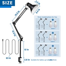 2 Pack Desk Lamp w/A19 E26 LED Bulb for Home Office Eye-Caring Metal Extra Tall Swing Arm High Intensity Clamp Flexible Gooseneck Side Table Working Reading Computer Workbench 3000K+ 5000K Light