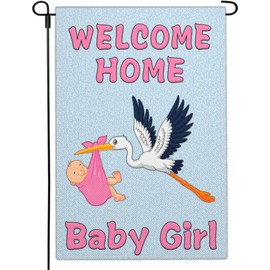 Shuitouk Welcome Home Baby Girl Garden Flags for Outside 12x18 Inch Double Side Its a Girl Garden Flag Baby Shower Garden Flag Stork Garden Flag House Yard Sign Decorations
