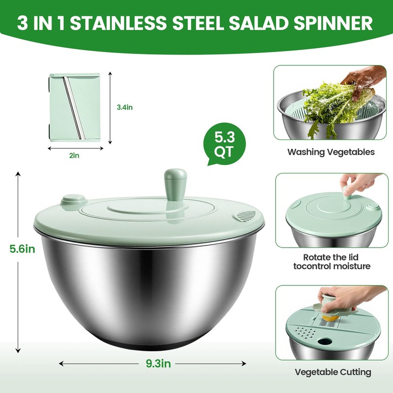 Stainless Steel Salad Spinner 3-in-1, One-Touch Stop and Non-Slip Base,
