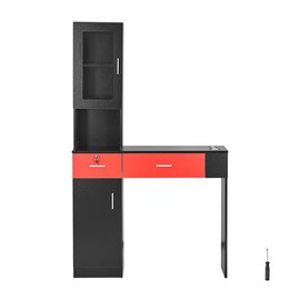 VEVOR Salon Workstation, Wall-Mounted Unit for Hair Professionals, Spa Styling Storage Solution, Includes Cabinet, 3 Shelves & 2 Drawers (One with Lock), in Black & Red