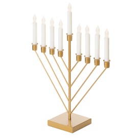 Nine Branch Electric Chabad Judaica Chanukah Menorah with LED Candle Design Candlestick, Gold