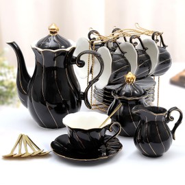 DUJUST 22 pcs Porcelain Tea Set for 6, Luxury British Style Tea/Coffee Cup Set with Golden Trim, Beautiful Tea Set for Women, Tea Party Set, Gift Package (Including a Stand) - Black