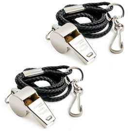 Cannon Sports Metal Whistle with Lanyard, 124db Sound, Durable Brass Plated Metal Body (2 Pack, Black Lanyard)