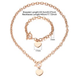 WangGao Heart Charms Jewelry Sets Stainless Steel Love Cable Link Chain Necklace & Bracelet for Women with Toggle Clasp