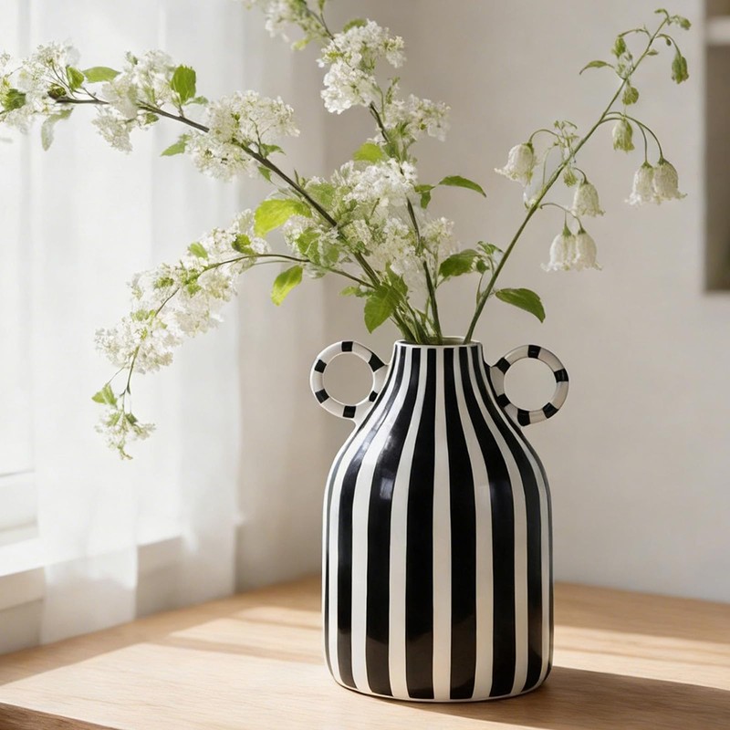 oliruim Black and White Striped Ceramic Vase with Double Ring