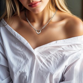 Emibele Dainty Silver Heart Charm Necklace for Women, Stainless Steel No Tarnish Silver Necklace with Love Heart Pendant & Paperclip Chain, Valentines Birthday Jewelry Gifts for Women