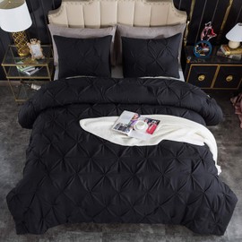 Andency Black Pinch Pleat Comforter Queen(90x90Inch), 3 Pieces(1 Pintuck Comforter and 2 Pillowcases) Pintuck Comforter Set, Microfiber All Season Down Alternative Bedding Set