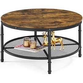 Topeakmart Rustic Round Coffee Table Modern Nightstand Vintage Furniture with Iron Mesh Open Storage Shelf for Bedroom Living Room Kitchen Study Office