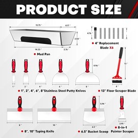 12PCS Drywall Tools Set - Stainless Steel Putty Kit with 1"-8" Knives, 8"-10" Taping Knife, 6.5" Bucket Scoop, 8-in-1 Painter Scraper, 12" Mud Pan, 13" Floor Scraper Blade with 4" Replacement Blades