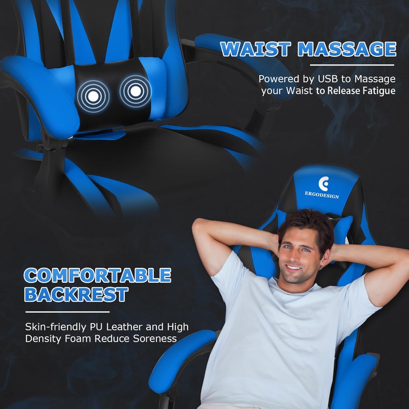 ErgoDesign Gaming Chair with Linkage Armrest & Footrest, High Back