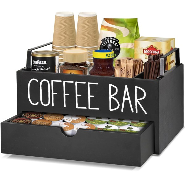 Yaqubar Coffee Station Organizer with Drawer Wooden Coffee Bar Accessories