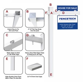 FENCETECH Vinyl PVC Real Estate Sign Post 6' Tall, Realtor Yard Sign Post, 47" Arm Holds Up to 36" Sign - White (No Sign)