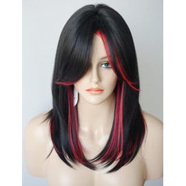 Medium Length Layered Wigs Black with Red Highlights wigs Layered wig with bangs Synthetic wig Highlight for white Women (Black with red)