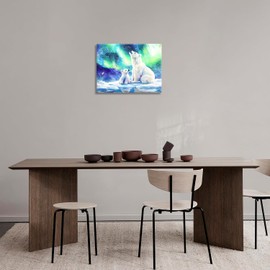 Olivine Polar Bear Wall Art, Northern Lights Pictures Wall Decor,Watercolor Polar Landscape Canvas Prints Paintings, Framed Artwork for Bathroom Bedroom Living Room Office Home Decoration 16"x12"