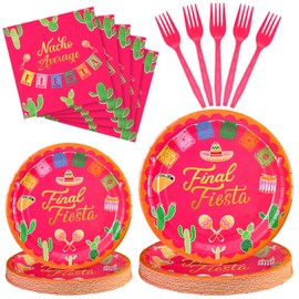 Sunnychicc 24 Set Final Fiesta Bachelorette Party Tableware Set Includes 7'' 9'' Fiesta Paper cactus Plates Napkins Forks Final Fiesta Party Decorations Cinco De Mayo Party Supplies for 24 Guests