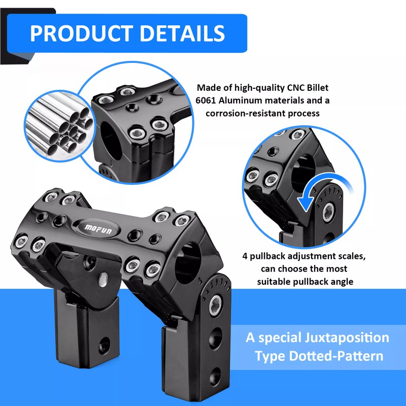 MOFUN Black 4" Tall Adjustable Pullback Handlebar Riser For Harley-Davidso