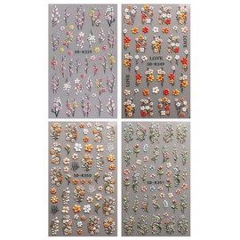 JMEOWIO 3D Embossed Flower Nail Art Stickers Decals Self-Adhesive 5D Spring Summer Floral Nail Supplies Nail Art Design Decoration Accessories 4 Sheets