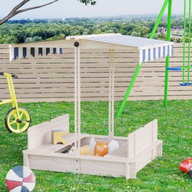 Outsunny Wooden Kids Sandbox with Cover, Children Outdoor Sand Play Station with Foldable Bench Seats, Adjustable Canopy, Bottom Liner for Outdoor, Natural