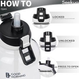 Seekua 64 oz Large Sports Glass Water Bottle with Straw & Time Marker, Motivational Half Gallon Daily Glass Drinking Bottle with Strap for Fruit Infused Water, Smoothie, Coffee