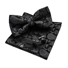 MAGE MALE Men’s Bow Tie Set,Classic Paisley Pre-Tied Bowtie,Pocket Square and Cufflinks for Formal Wedding Party Prom, Black, average