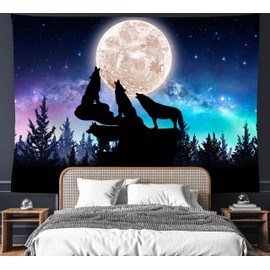 feelacle Wolf Tapestry 60" X 40" Wolf Moon Tapestry Starry Night Sky Wall Hanging Party Decorations Home Decor for Bedroom Living Room Dorm (150 X 100cm)