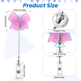 2 Pcs Pink Bow Badge Reel with Retractable Clip, Alligator Clip Accessories, Cute Retractable ID Card Badge Holder for Nurse, Worker, Teacher