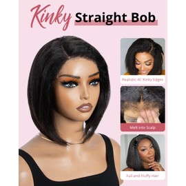 Style Icon Short Kinky Straight Bob Human Hair Wig with 4C Kinky Curly Edges Hairline Wear and Go Glueless Bob Wig for Women 10 Inch Pre Plucked Pre Cut Deep Side Parted Lace Bob Wig