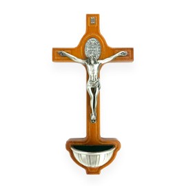 GCK St Benedict Brown Cross Crucifix Holy Water Font Silver Toned Corpus Jesus Christ Religious Gift