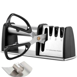 Knife Sharpeners, Best 4 in 1 Manual Kitchen Knives & Scissor Sharpeners, 4 - Stage Knife Sharpening System with Diamond Steel, Ceramic Stone, Ergonomic Design, Non-slip Base（Black）