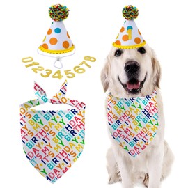 Dog Birthday Bandana Set, It's My Birthday Dog Scarfs, Pet HBD Party Decor Supplies with Colorful Polka Dots Hat Numbers Kerchief for Boy and Girl (Multicolor)