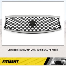 KUAFU Front Grill Compatible with 2014-2017 Infiniti Q50 All Model Bumper Upper Hood Grille Painted+Chrome Black & Silvery