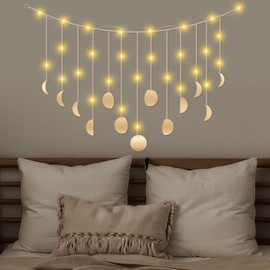 RattanView Moon Phase Wall Decor with LED String Light, Boho Aesthetic Room Decor Metal Moons Garland Hanging Art Bohemian Home Decoration for Girls Room Nursery Bedroom Livingroom Dorm, Ideal, Gold