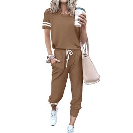 PRETTYGARDEN Women Summer Two Piece Outfits Striped Short Sleeve Pullover and Long Pants Tracksuit Travel Pajama Lounge Set (Khaki,Small)