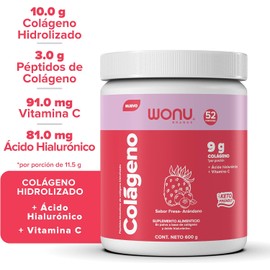 WONU I Colágeno Hidrolizado I 600g I 52 Servicios I Sabor Fresa-Arándano I Con Ácido Hiluronico Y Vitamina I Sin Azúcar