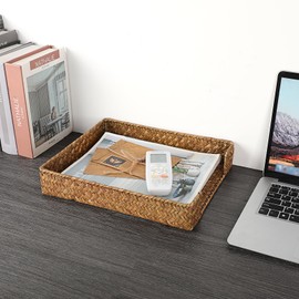 BTSKY Multipurpose A4 File Tray Natural Seagrass Desk Tray Organizer Woven Letter Size Desk Documents Trays Magazine Files Storage Basket Organizer Bin for Office Cosmetics Bathroom, Caramel