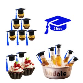 24 Pcs Mini Graduation Cap Decorations Graduation Cap Topper Black Grad Hats with Blue Tassels for Cupcake Toppers, Bottle Decor, Congrats Party Favors and Class of 2025 Celebrations