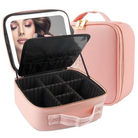 Travel Makeup Bag with LED Lighted Mirror, Travel Makeup Organizer, Makeup Case with 3 Color Lighted Setting and 10x Magnifying Mirror, Portable Storage and Adjustable Dividers Makeup Box(Pink) - Color: Green