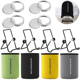 VOLCANOES CLUB Sprouting Lids Growing Kit - 316 Stainless Steel Sprouting Lids for 86mm Wide Mouth Mason Jar with Stands & Blackout Sleeves - Organic Sprouts, Broccoli, Alfalfa Sprout Kit (Set of 4)