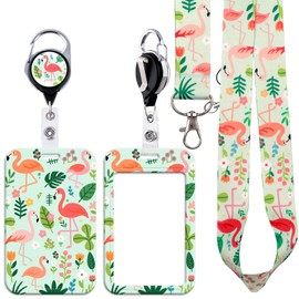 BKBKAAK Flamingo ID Badge Holder with Lanyard - Metal Hook ​& Heavy Duty Retractable Reel Clip for Teachers, Nurses, Women, Vibrant Name Tag​ Display Accessories for School Office