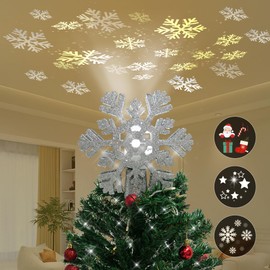 2024 Christmas Tree Topper Projection Light with 3 Animated Projection Modes,Christmas Tree Decoration with LED Rotating Magic,3D Glitter Dynamic Projection,Silver Snowflake Christmas Tree Star.