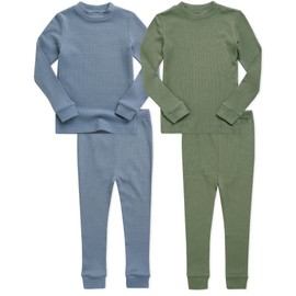 VAENAIT BABY Infant Toddler Girls Boys Junior Modal Sleepwear Pajamas Pjs 4pcs Set Rib Knit Blue+Khaki XS