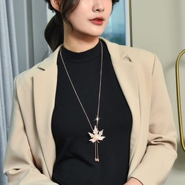 Rhinestone Crystal Leaf Necklace Elegant Cubic Zirconia Maple Beads Pendant Y Necklace Vintage Gold Y Lariat Necklace Long Sweater Chain Statement Necklace Fashion Jewellery for Women Girls