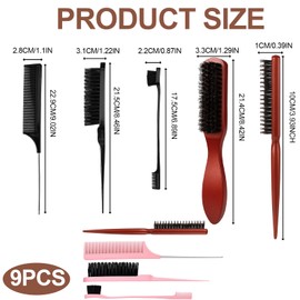9 StüCk Sleek BüRstes, Sleek Bun BüRste, BüRste Sleeks Zopf, Sleeks Zopf BüRstes, Teasing Hair Brush Boar Bristle Hair Brush Tail Comb, FüR Haar Und Bart Styling