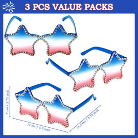 JOYIN 3 Pcs 4th of July Star Shaped Sunglasses, Red White Blue American Sunglasses with Rhinestoned Rim, Patriotic Eyewear for Women, Memorial Fourth of July Independence Day Party Parade Accessory