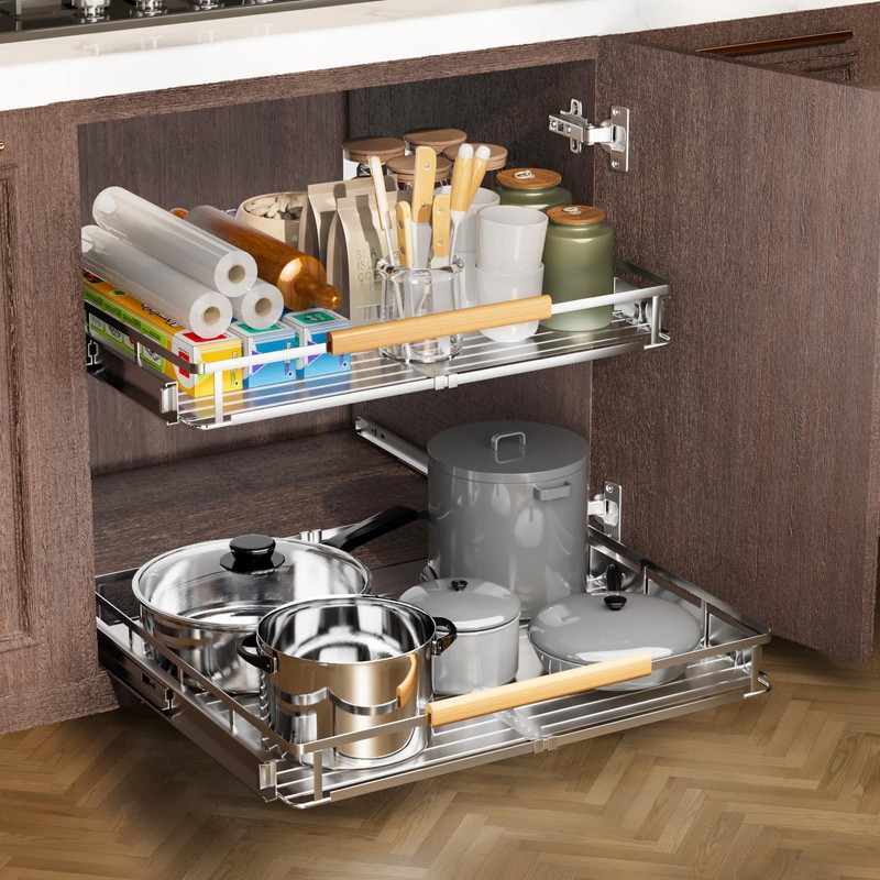 taiheis 2 Pack Expandable Pull Out Cabinet Organizer，16.3~26.3"x17.3"Cabinet Pull Out
